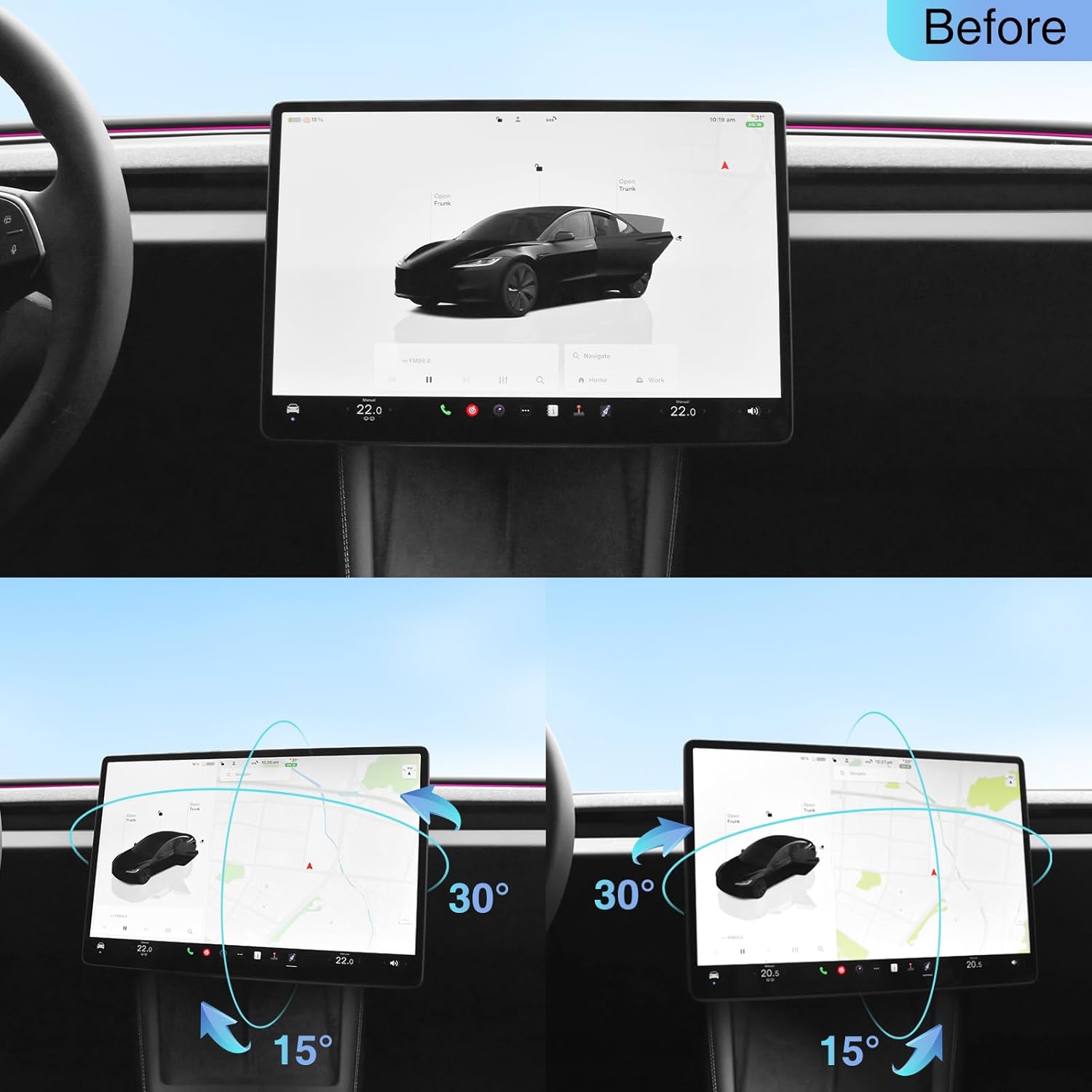 Bildschirm Schwenkhalterung für Tesla Model Y Juniper 2026 2025 & Model 3 Highland 2025 2024 Links/Rechts 30° Up/Down 15° Drehbar Vier Richtungen Aluminiumlegierung Screen Drehbare Halterung